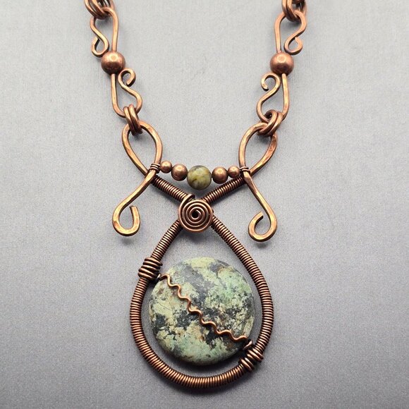 VTG Copper Wire Wrapped Jasper Pendant Necklace 18" Adjustable Length Statement - Picture 1 of 11